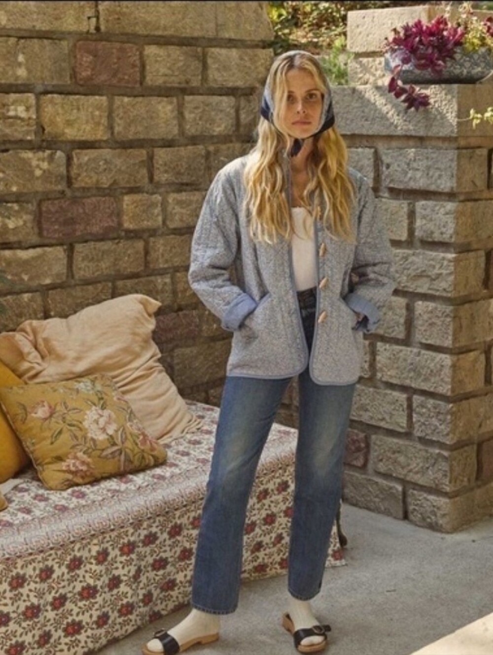Doen parker jacket in blue cottage ivy, medium 100% organic cotton quilted